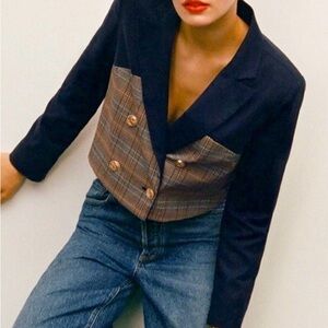 Dolan Anthropologie Navy and Brown Plaid Blazer